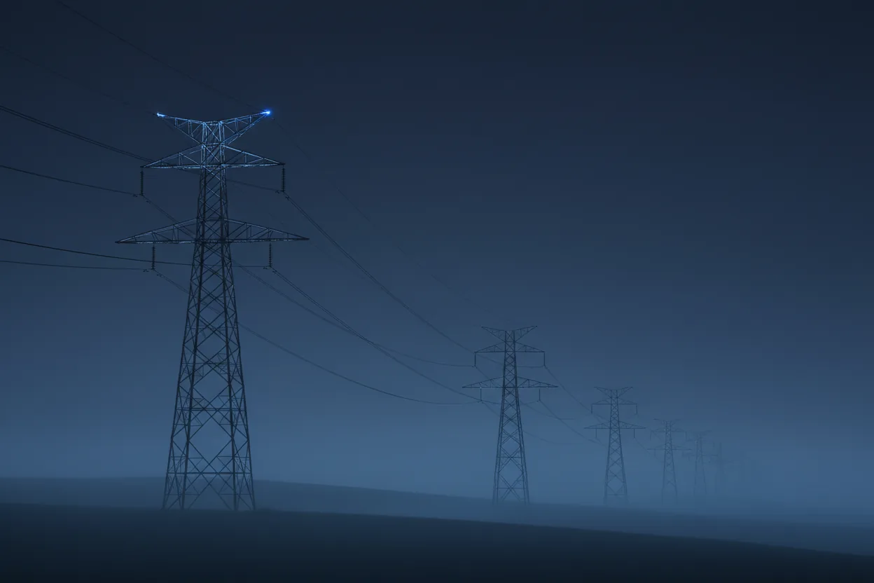 Transmission towers against a blue-hour sky
