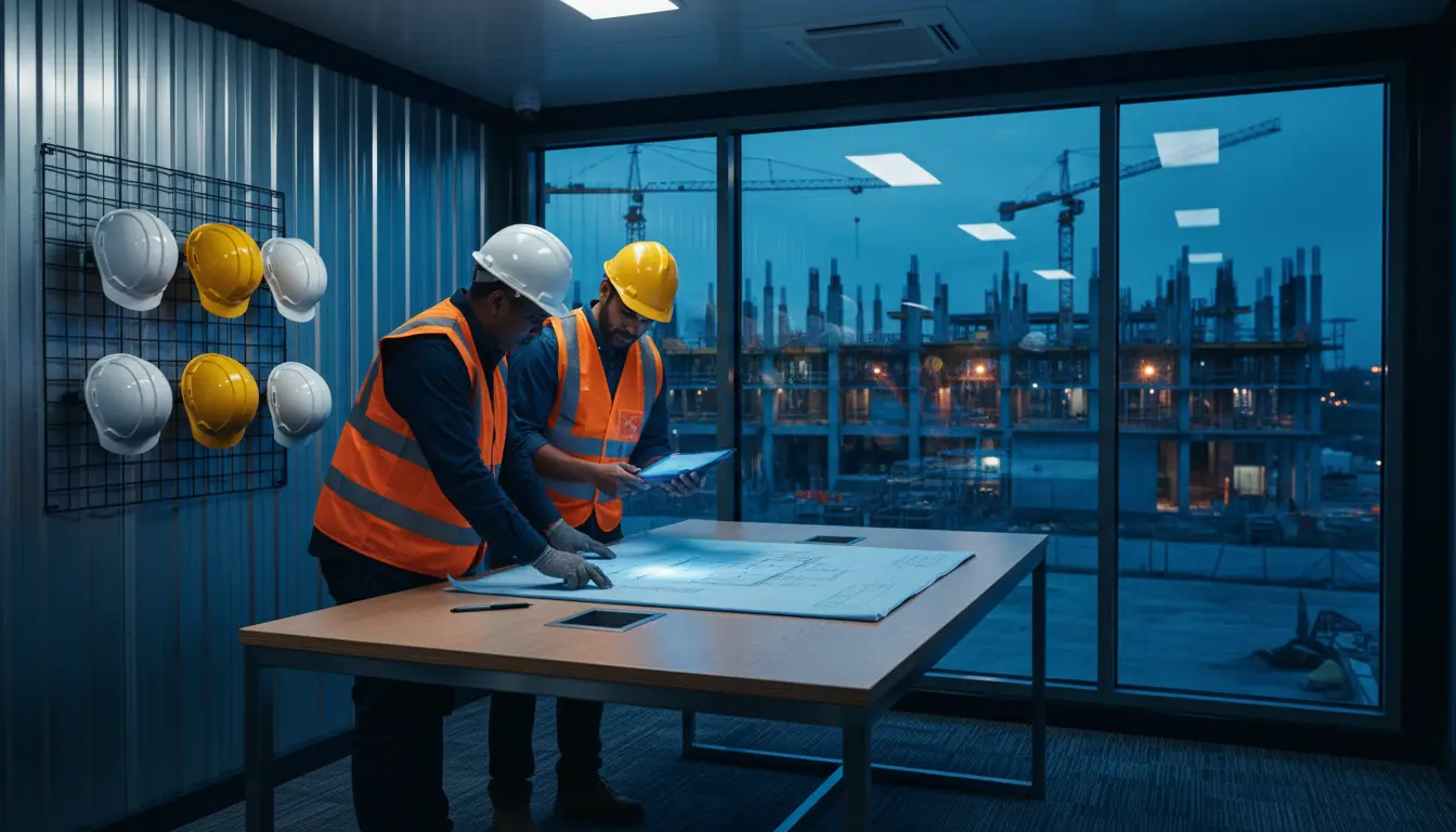 Engineers reviewing drawings and a tablet inside a site office cabin