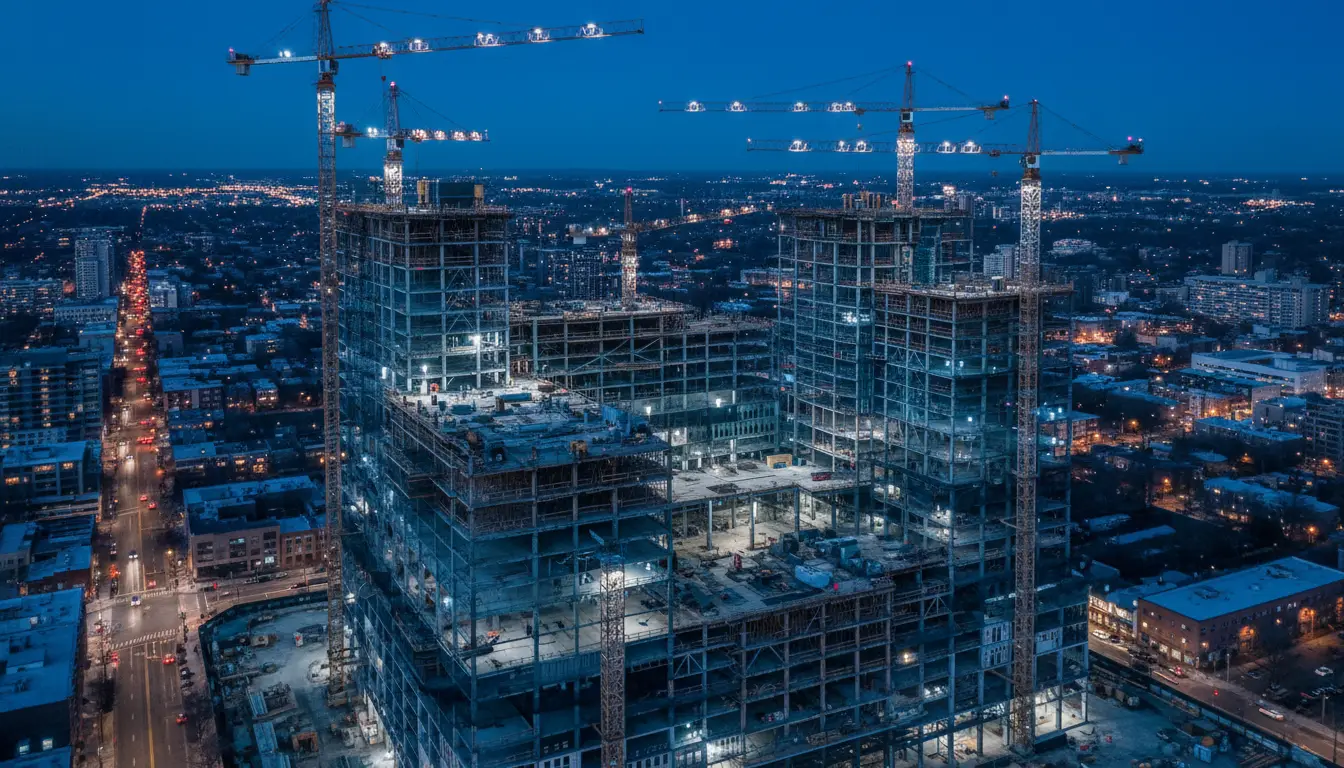 Aerial dusk view of a high-rise construction site with lit tower cranes