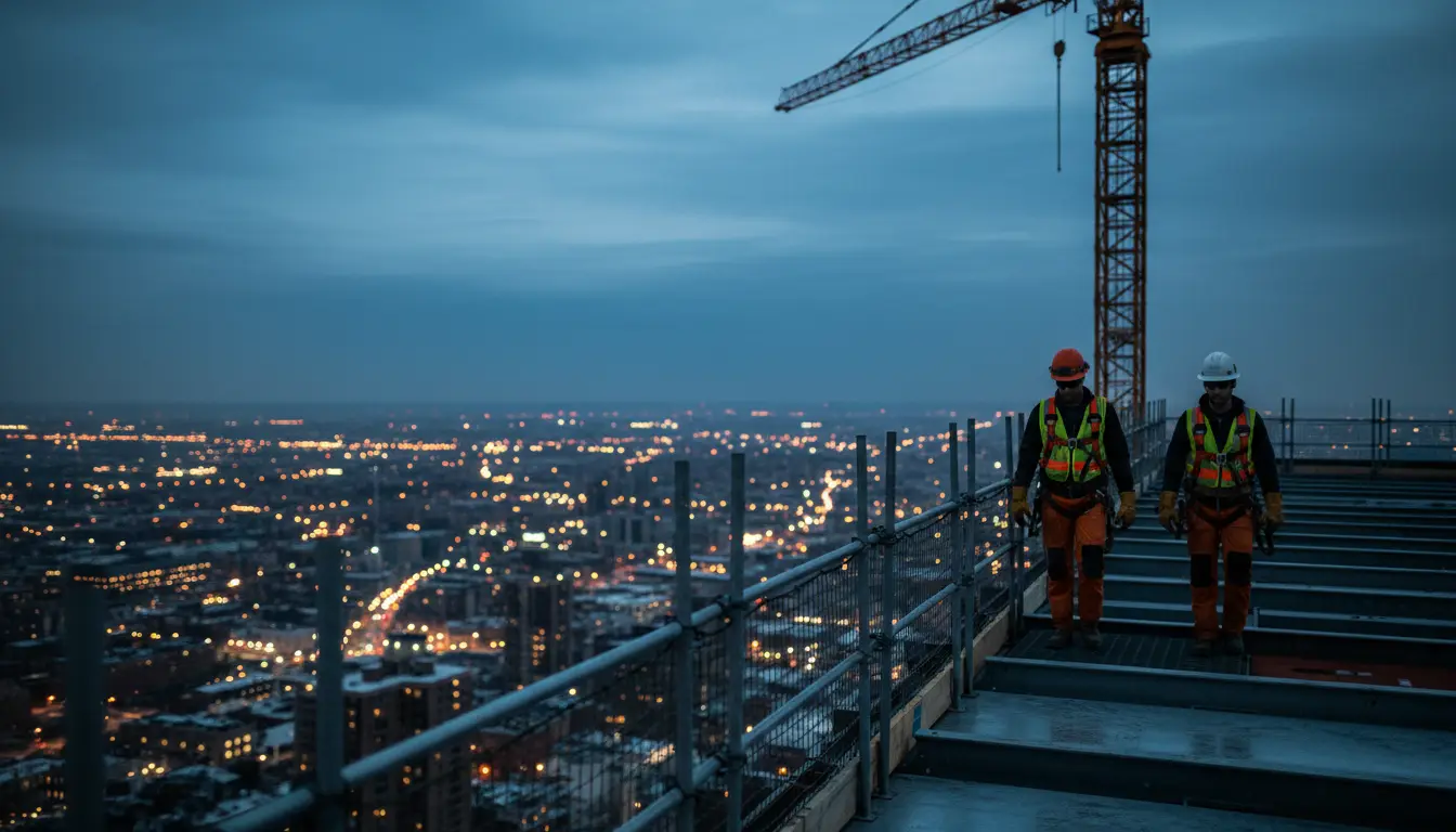 Ironworkers in harnesses on a guarded steel deck at dusk
