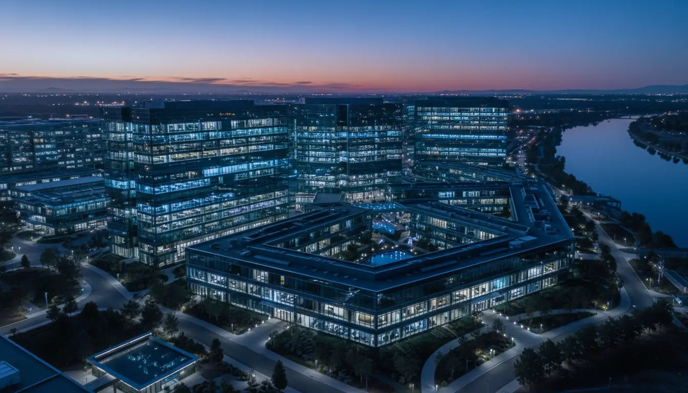 Aerial dusk view of a glass office campus with glowing facades