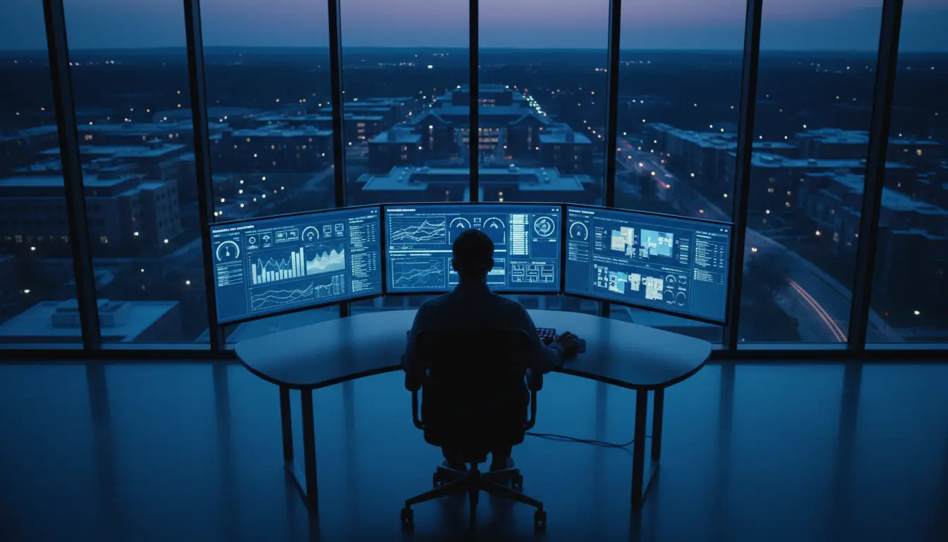 Energy dashboards glowing in a building management control room