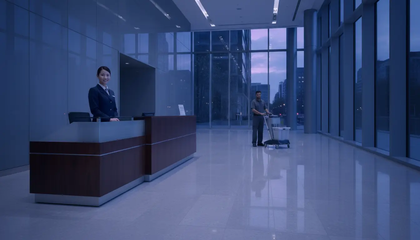 Facilities service desk in a polished office lobby at dusk