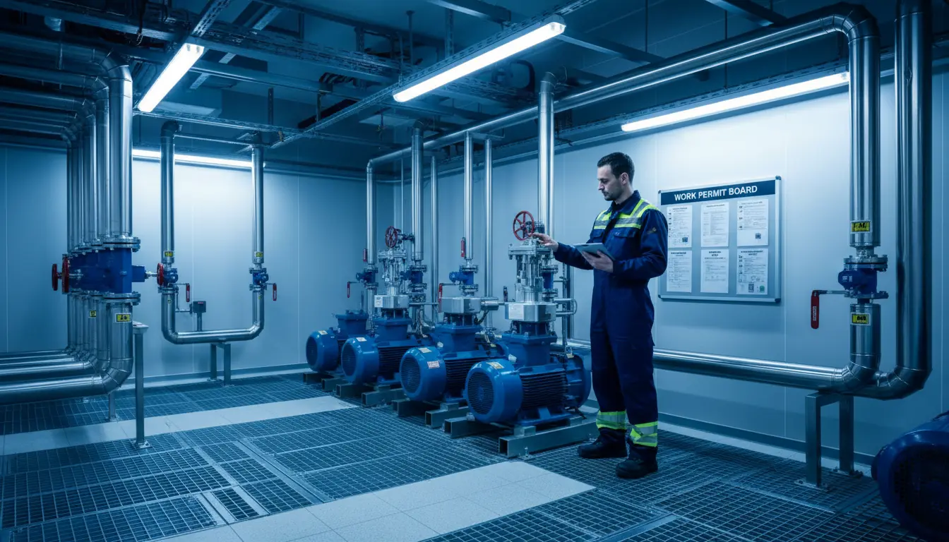 Engineer checking a valve in an immaculate plant room with a permit board