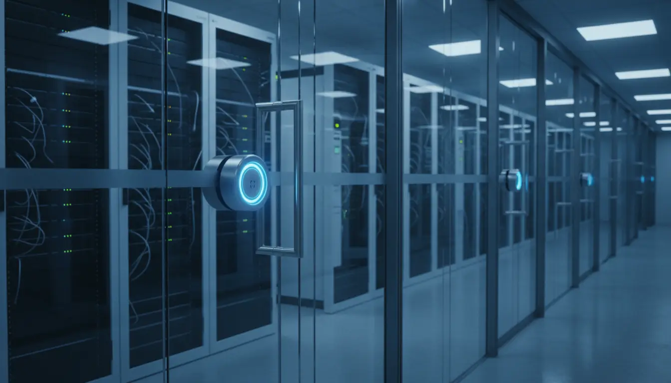 Bank server racks seen through a glass security door