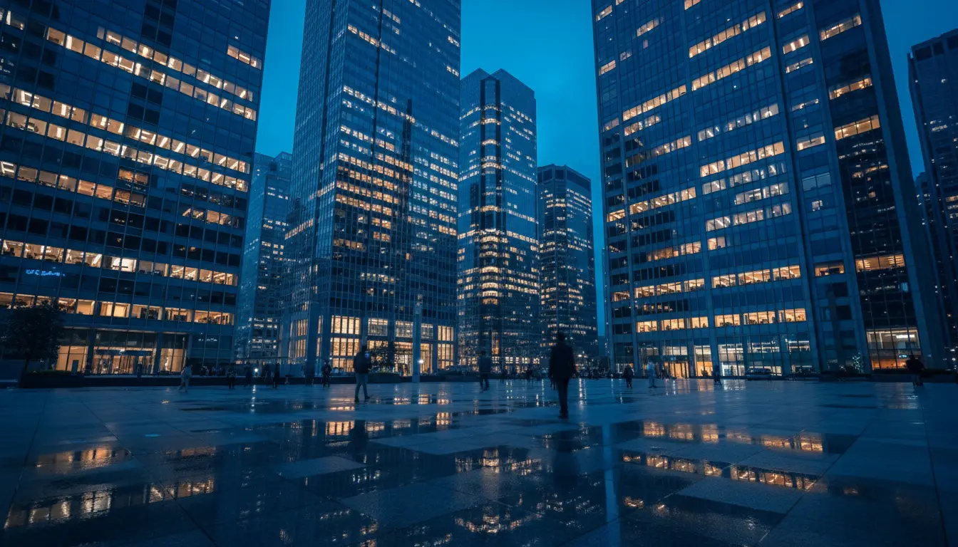 Glass financial towers with lit windows at blue hour