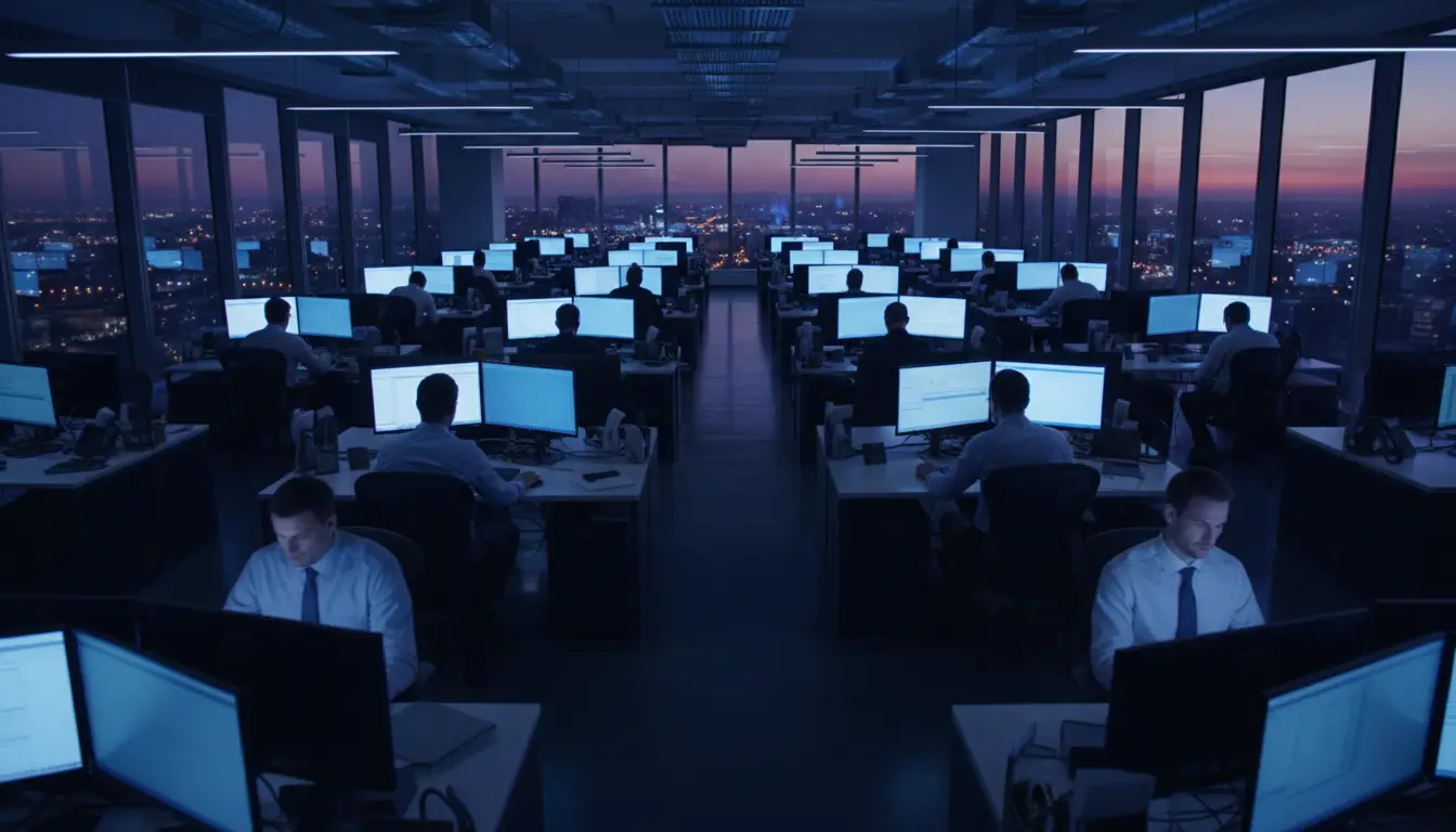 Analysts at dual-monitor desks on an operations floor at dusk