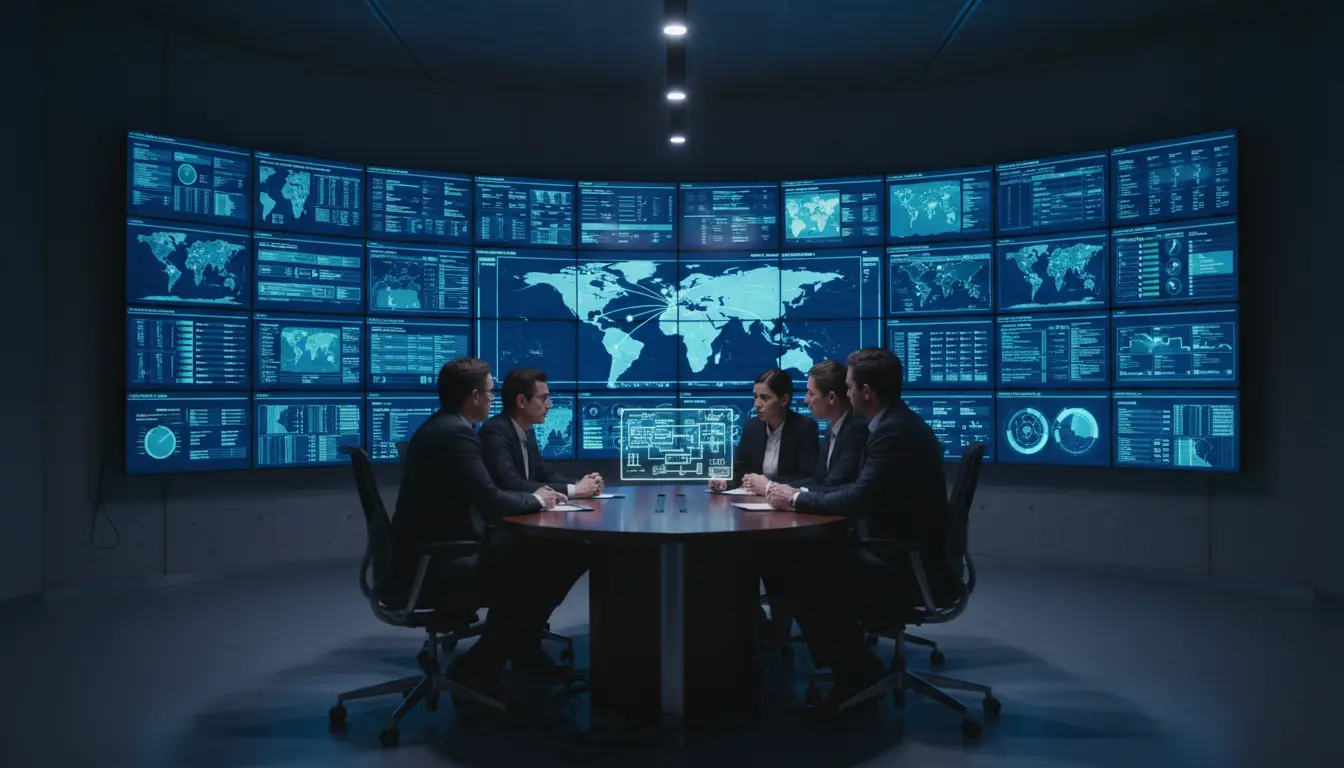 Wall of status screens in a calm resilience command room