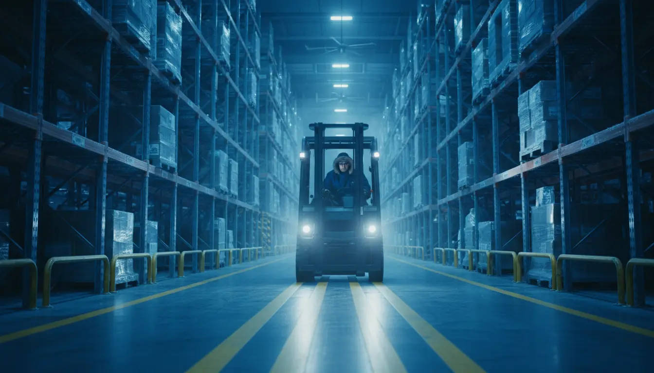 Forklift in a marked lane inside a frosty cold storage warehouse