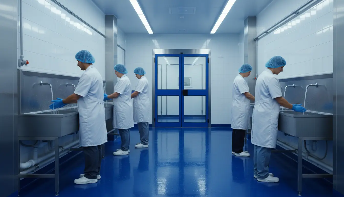 Workers in white PPE at stainless handwash stations in a hygiene corridor