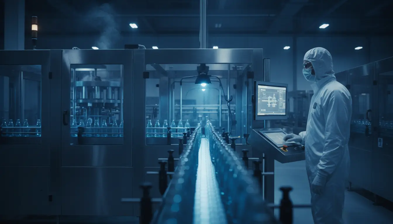 Bottles moving through a filling line under blue inspection light