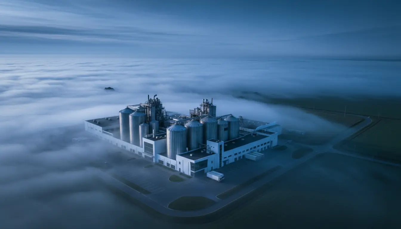 Aerial dawn view of a food production plant with stainless silos in soft fog