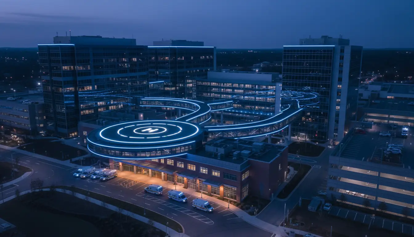 Aerial dusk view of a hospital campus with a lit helipad
