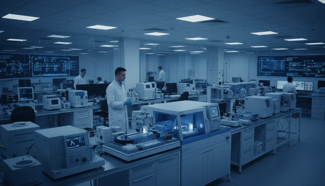 Scientist at an automated analyzer in a hospital laboratory