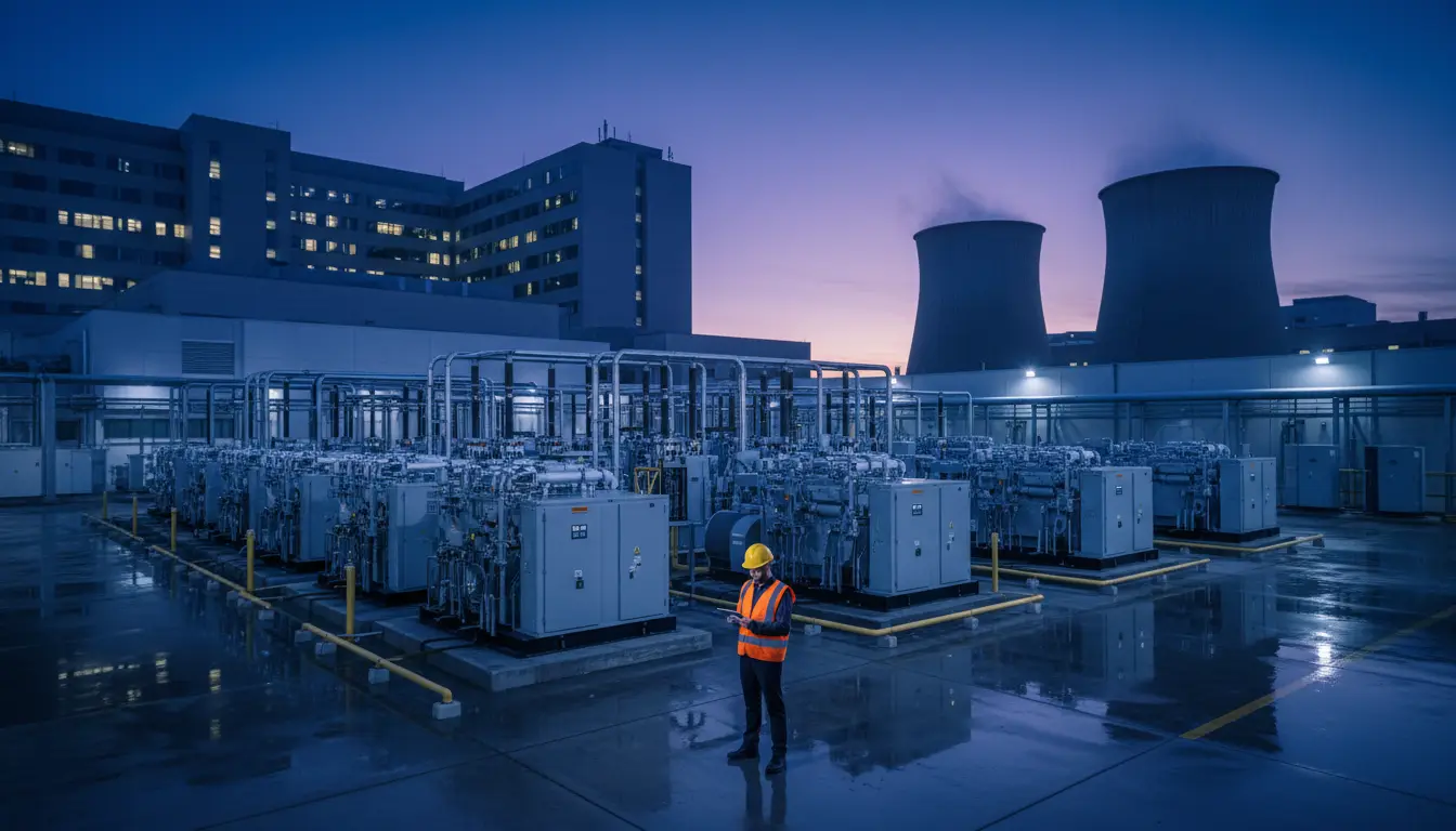 Standby generators in clean rows at a hospital plant yard