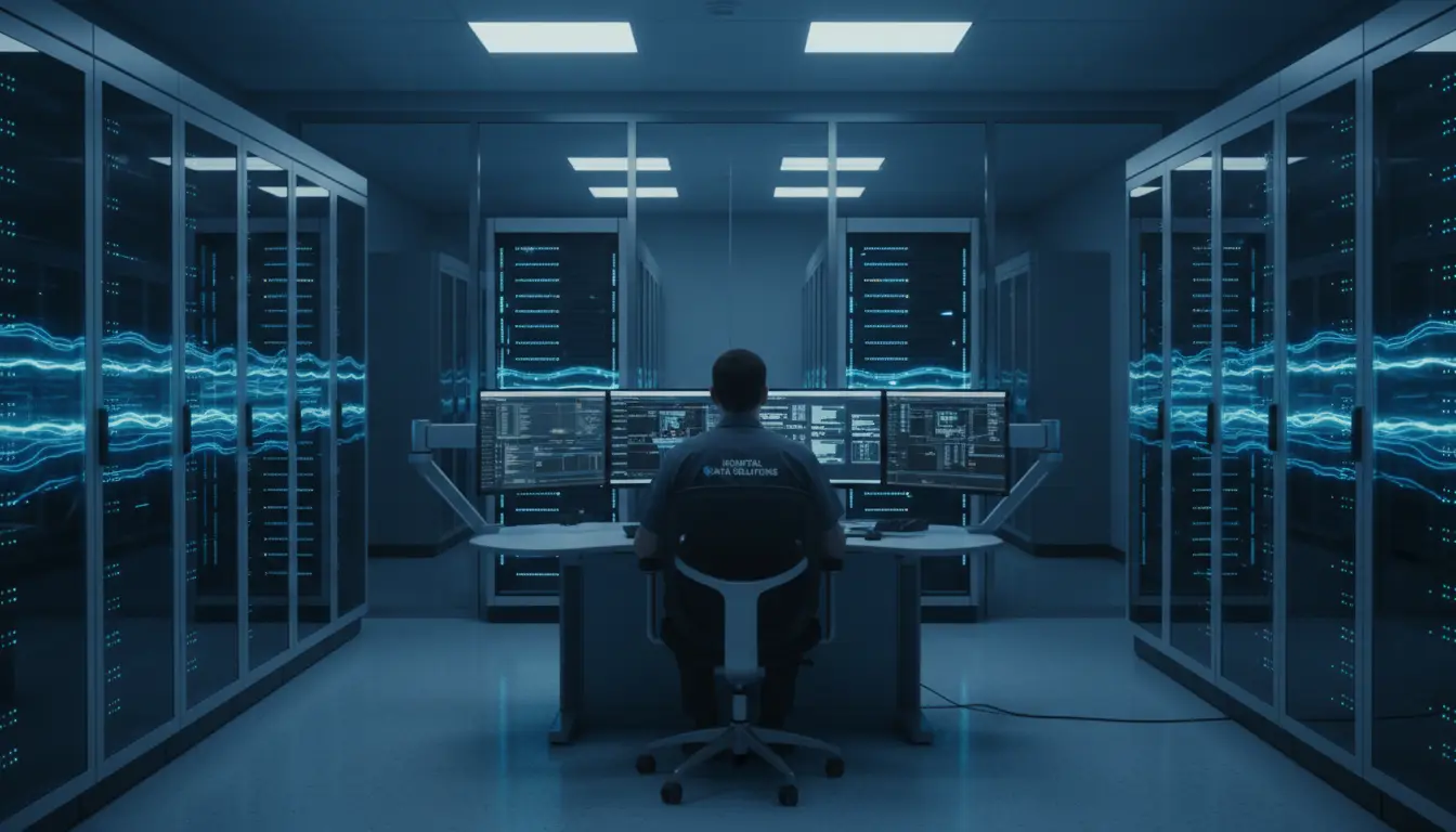 Hospital server racks with blue status lights behind glass