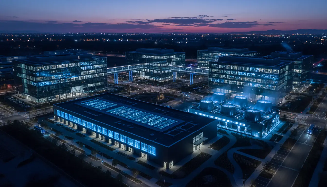 Aerial dusk view of a technology campus with a long data center building