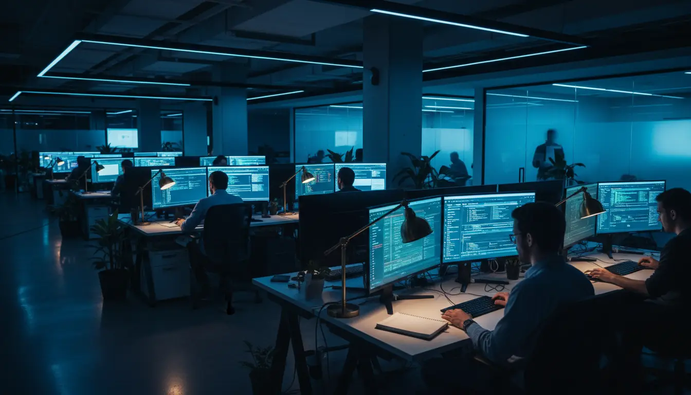 Developers at monitors with code and model dashboards at night