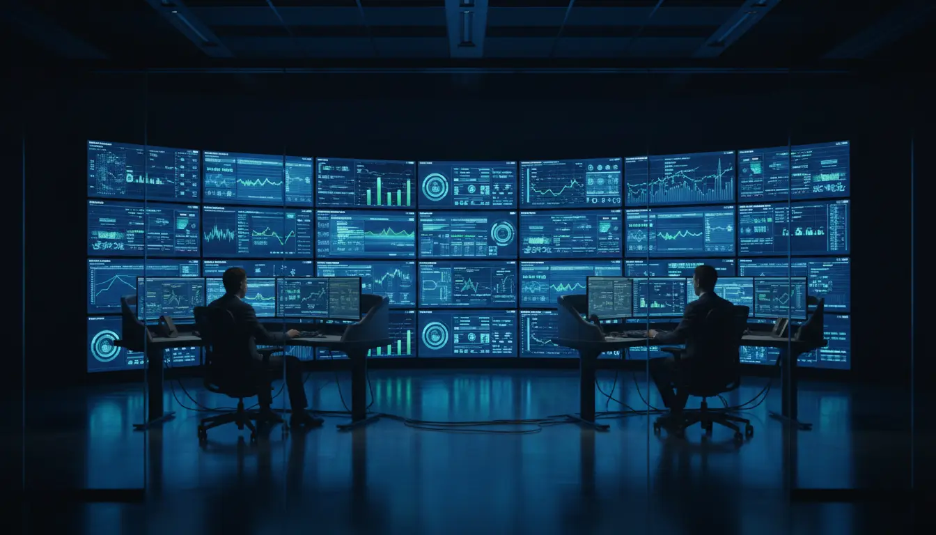 Operators before a wall of service dashboards in a network operations center
