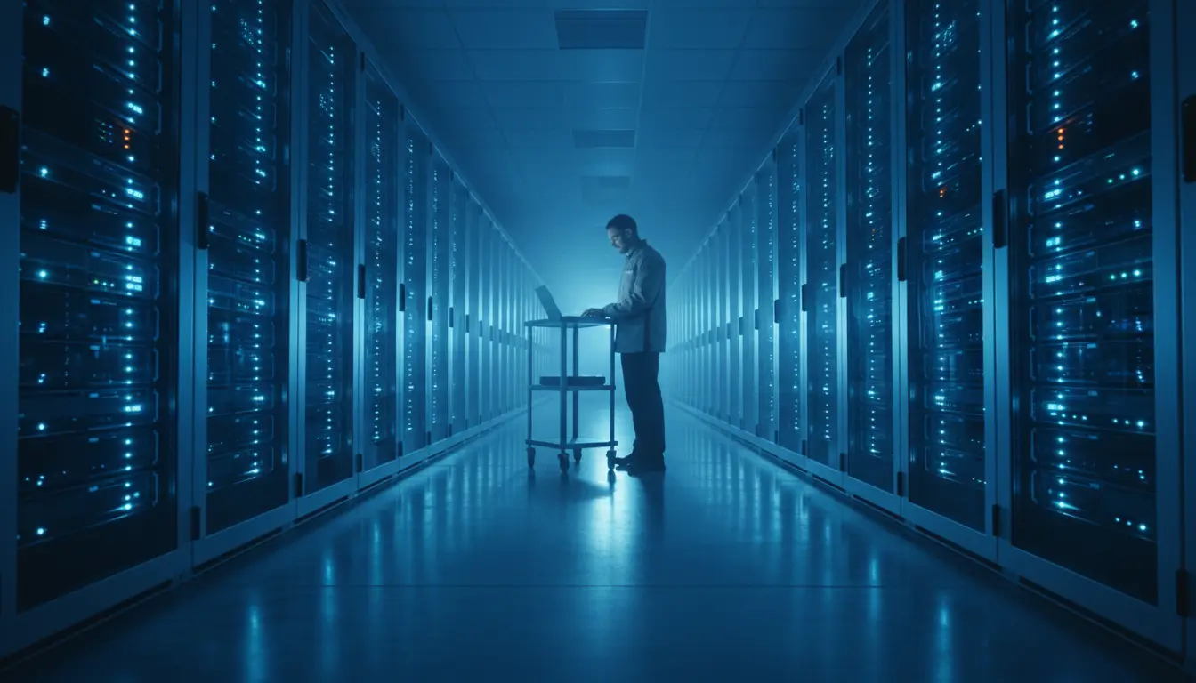 Engineer with a laptop trolley in a glowing server aisle