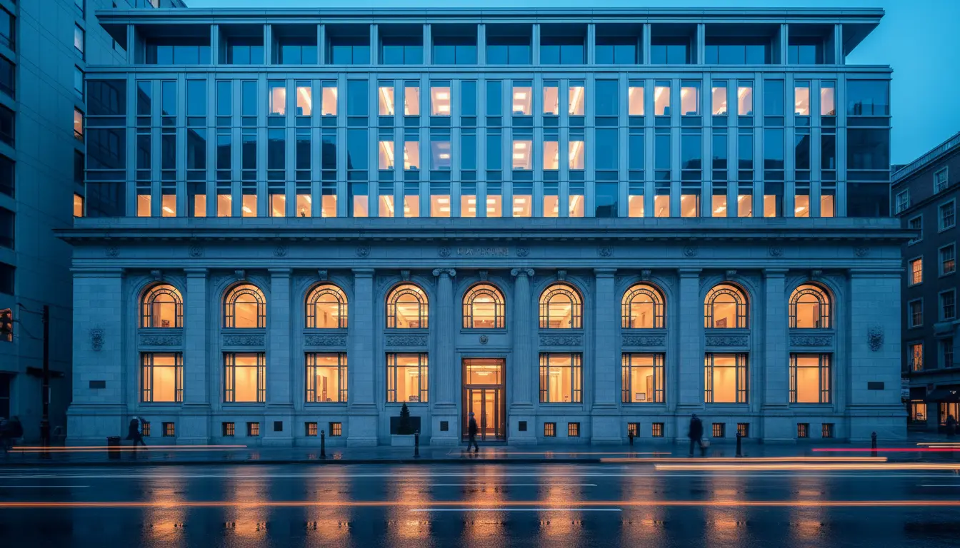 Elegant law firm facade of stone and glass at blue hour