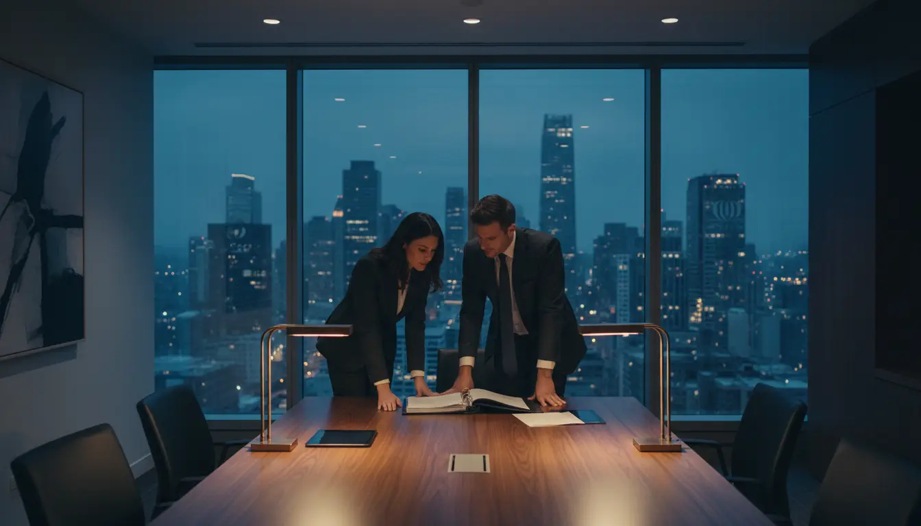 Two lawyers reviewing a binder at a long table with a dusk city view