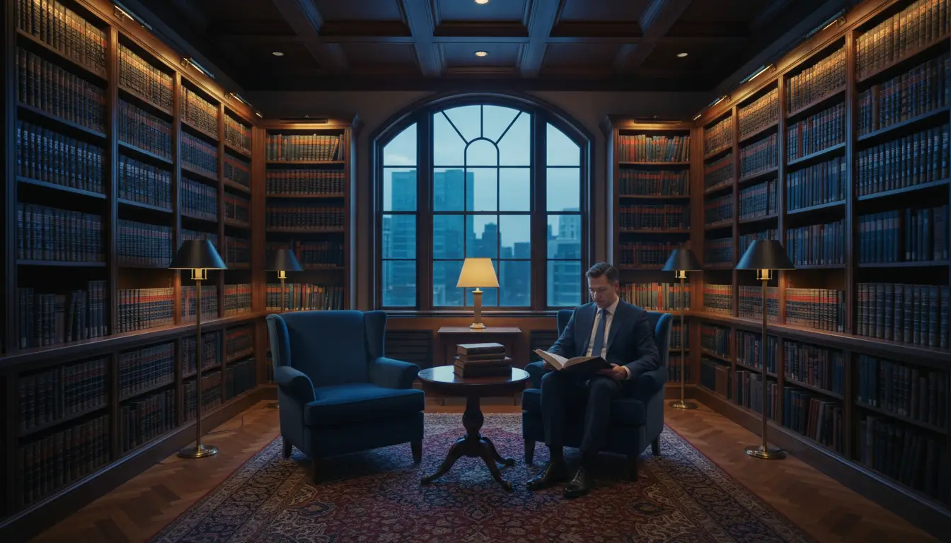 Calm law library lounge with tall shelves and evening window light