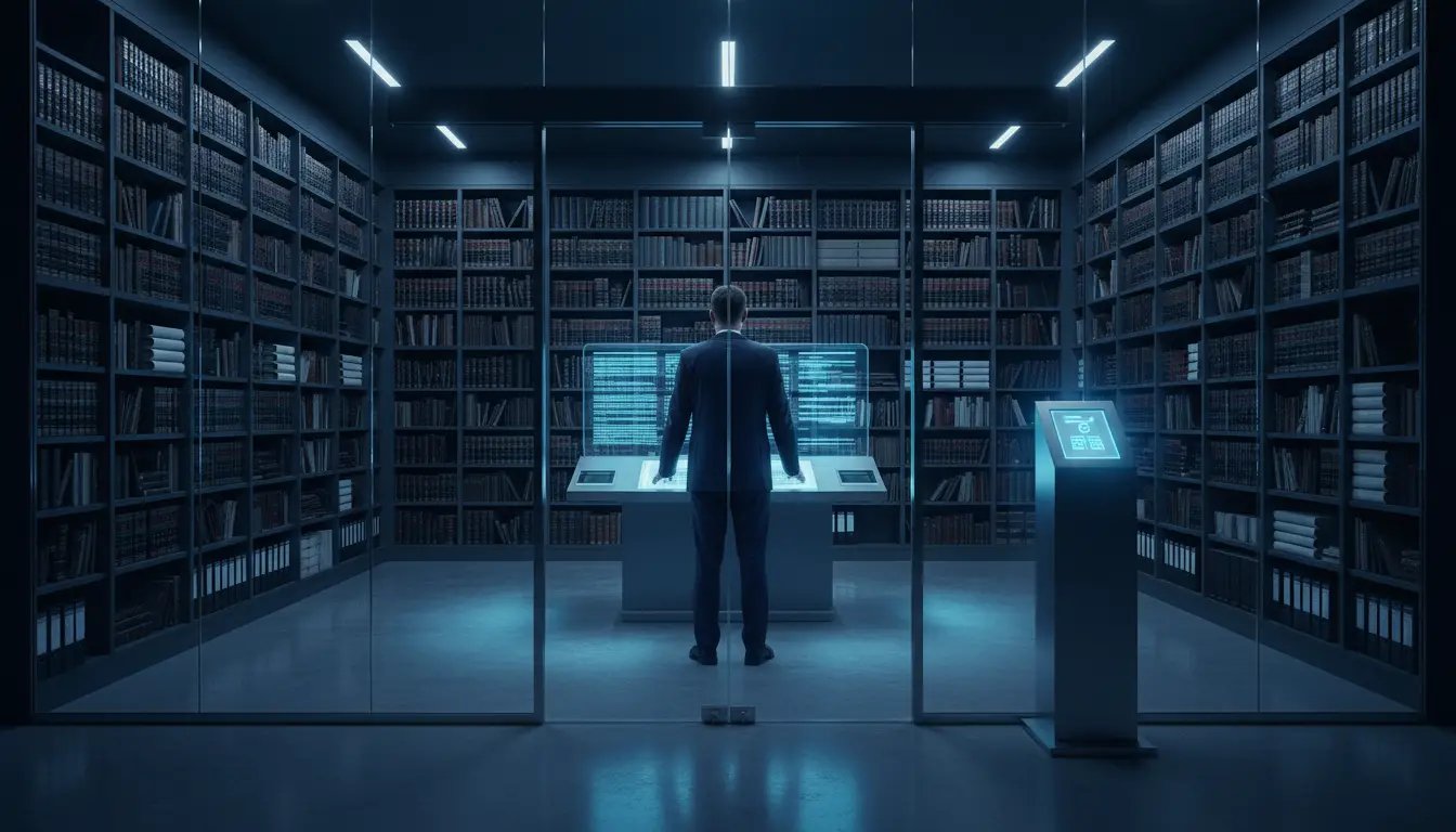 Secure archive shelving behind glass with a badge access panel