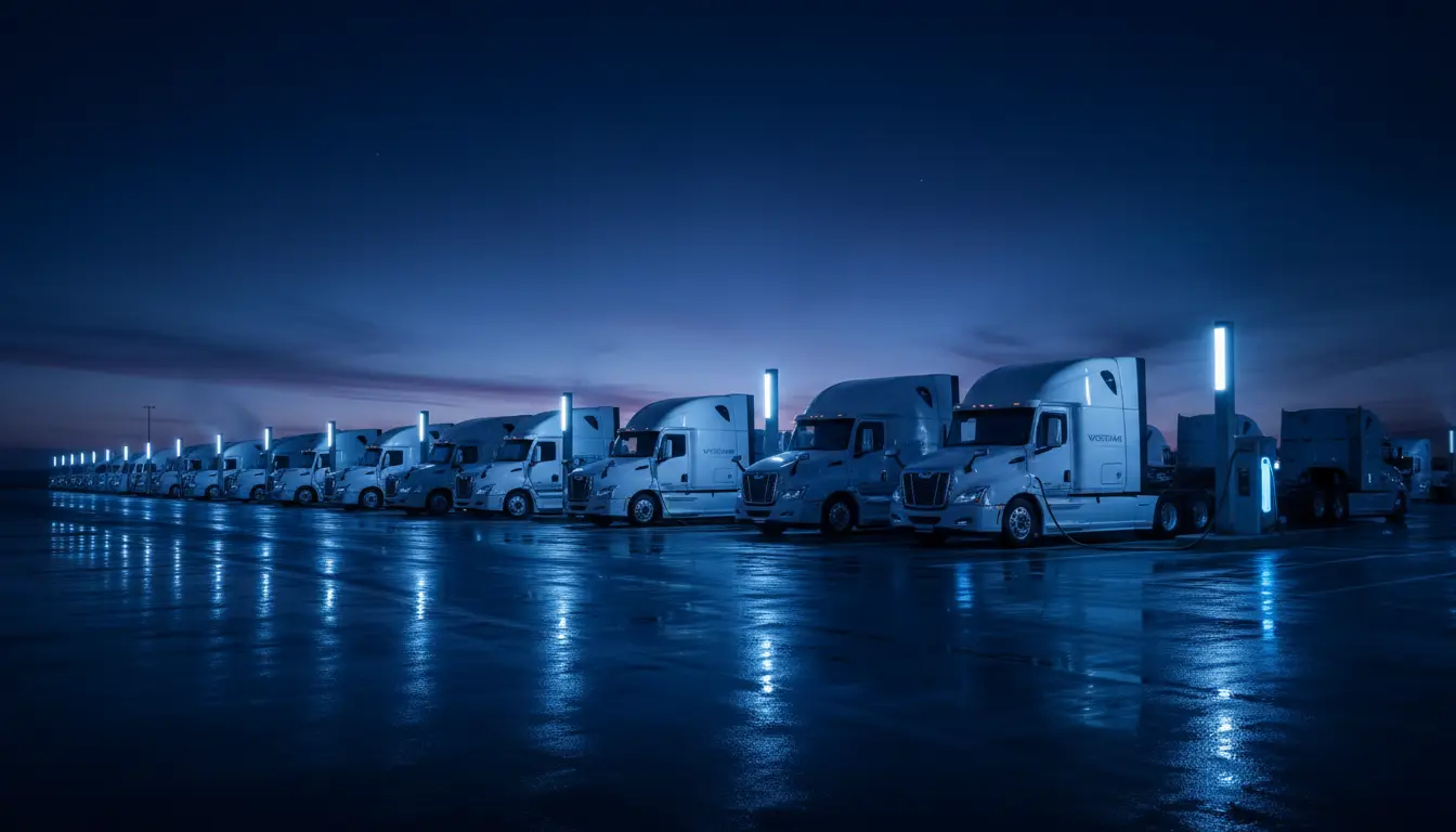 Electric trucks charging in a neat row at dusk