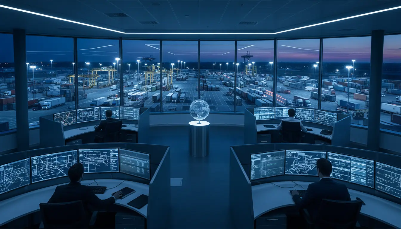Coordinators at screens in a control tower above a lit truck yard