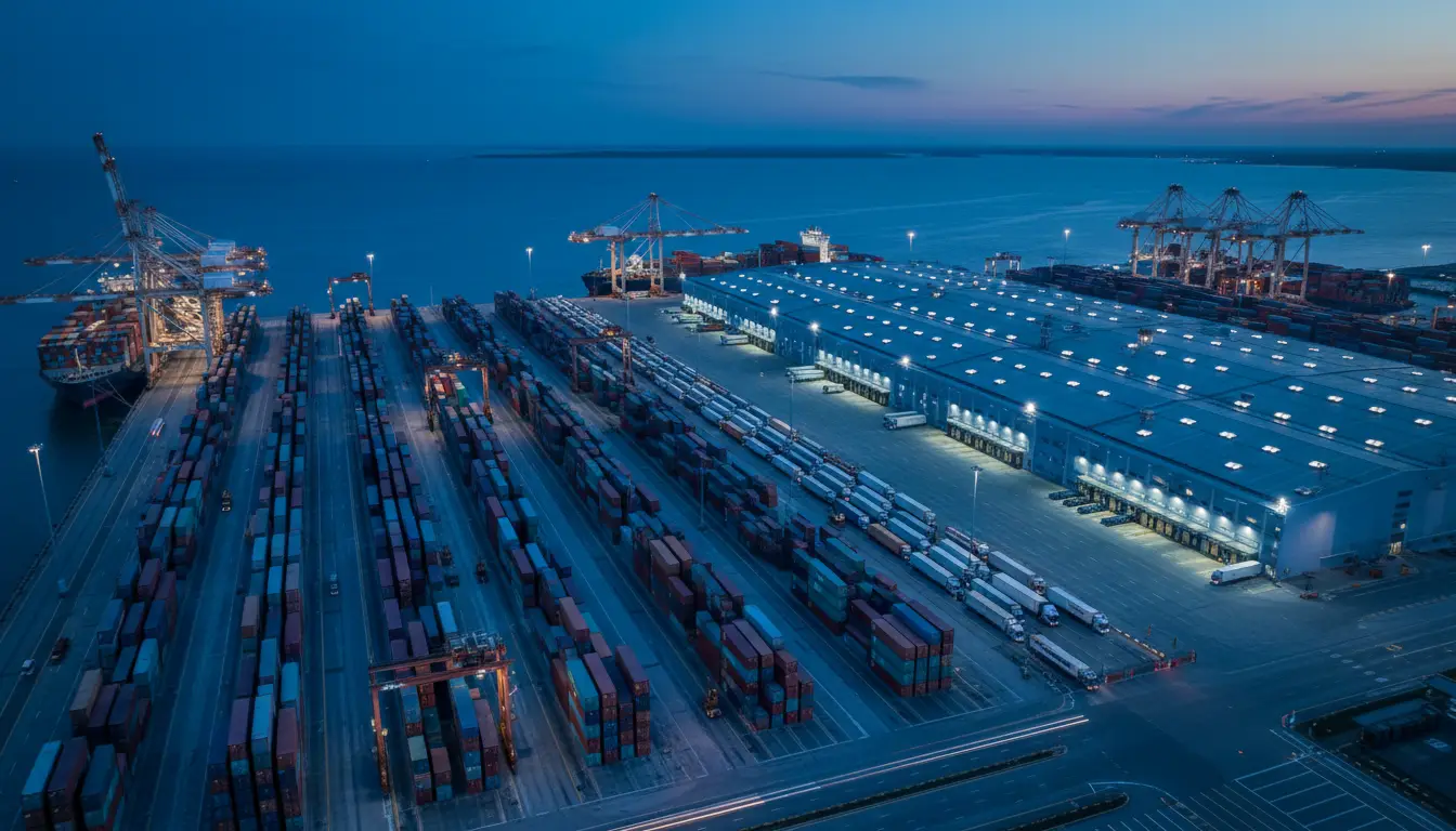 Aerial dusk view of a container terminal and distribution hub