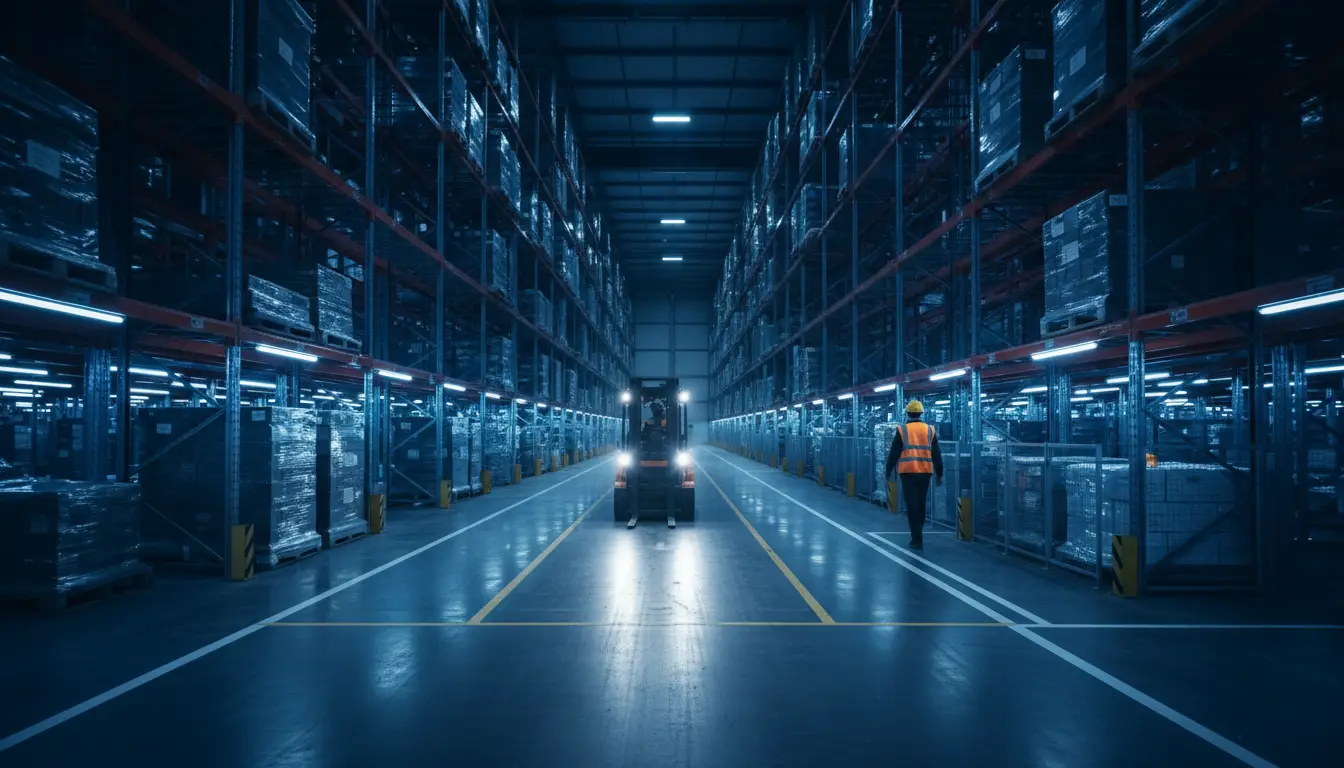 Forklift and pedestrian walkway separated by floor markings in a high bay warehouse