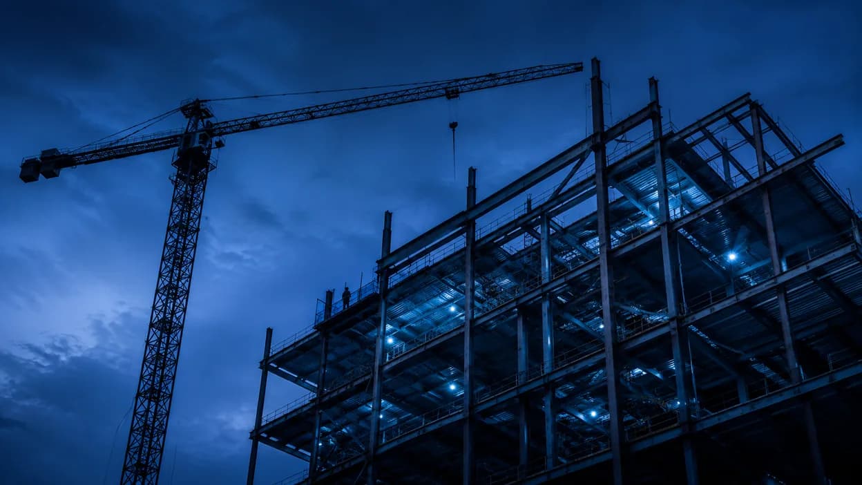 Steel high-rise framework and tower crane against a deep blue dusk sky