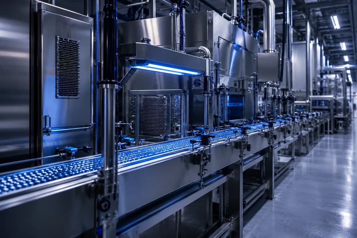 Stainless-steel food production line under blue light