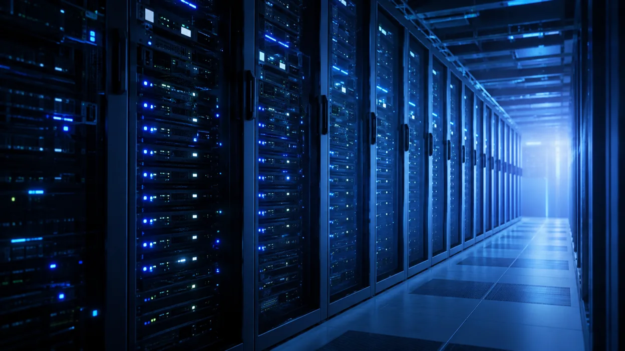 Data center aisle with server racks glowing electric blue