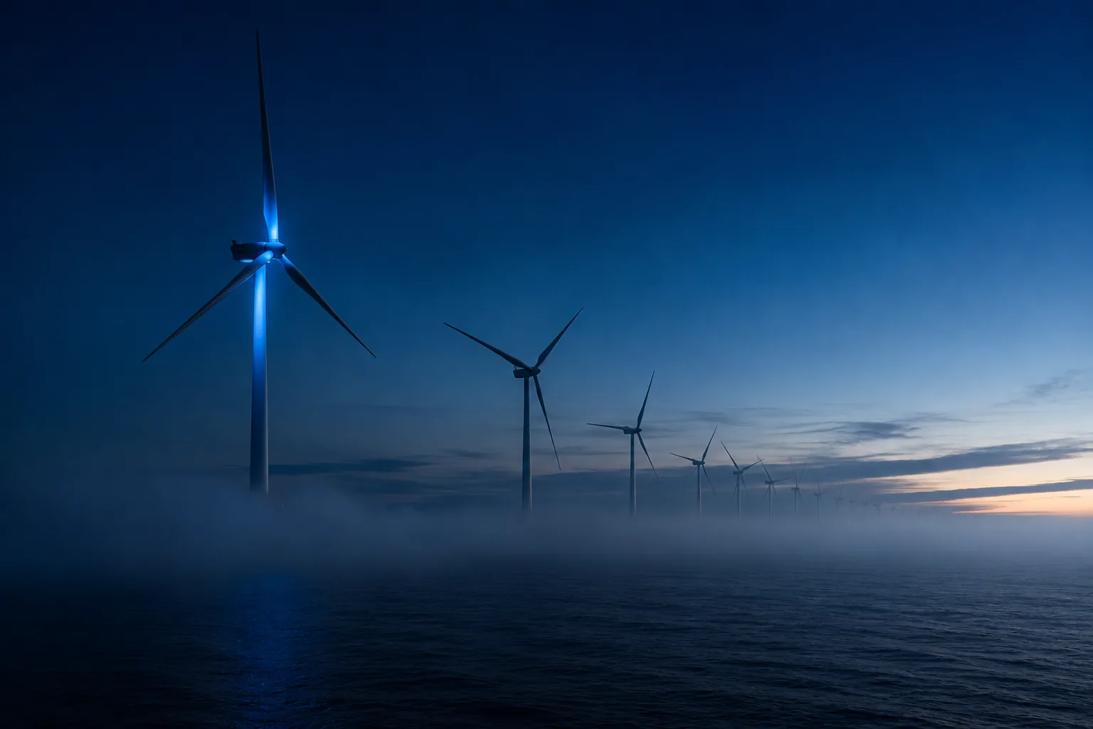 Offshore wind turbines rising from sea fog at dawn