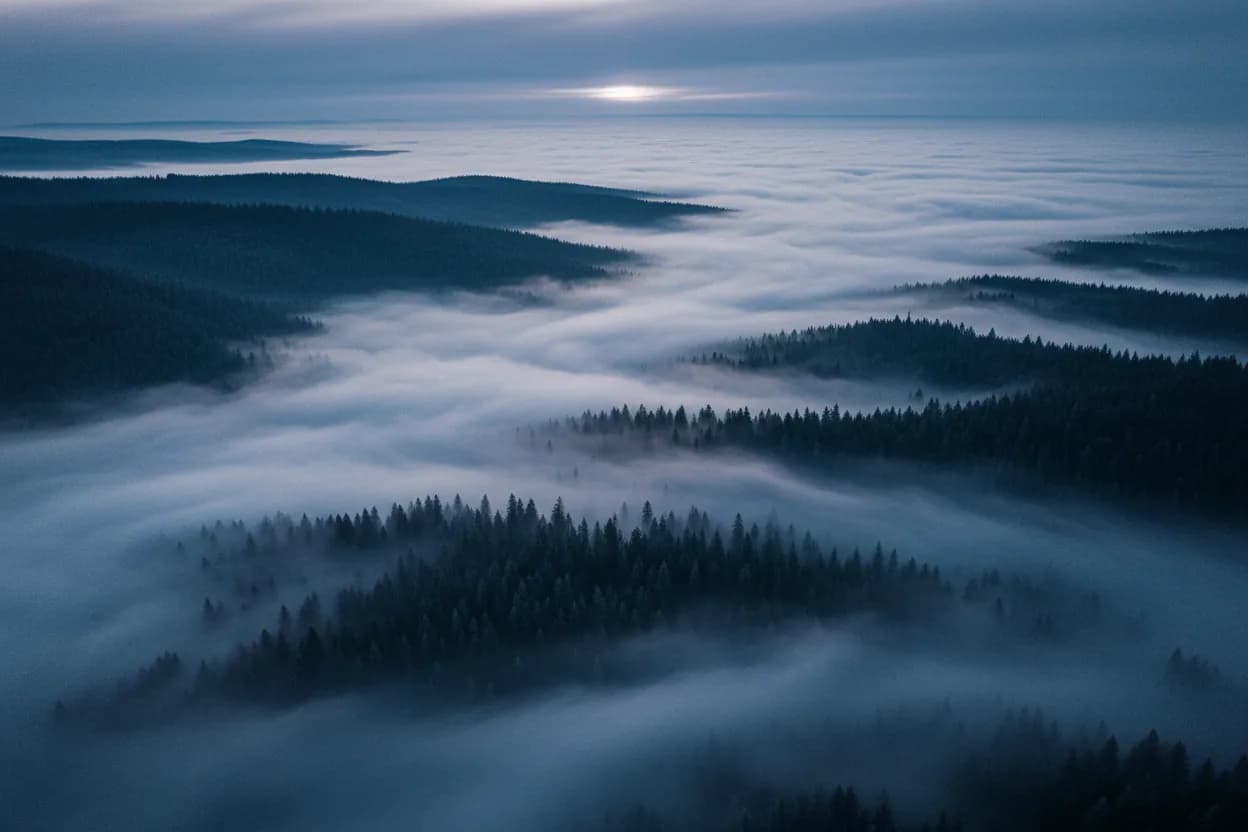 Misty pine forest at blue-hour dawn