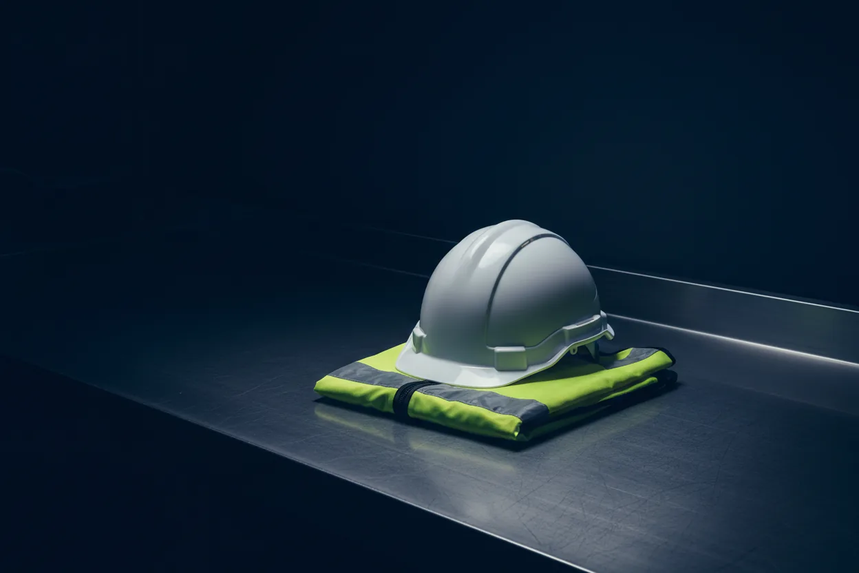 Safety helmet and high-visibility vest on a steel bench