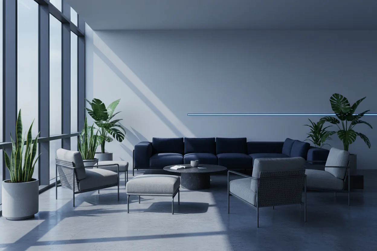 Calm modern office lounge in cool daylight