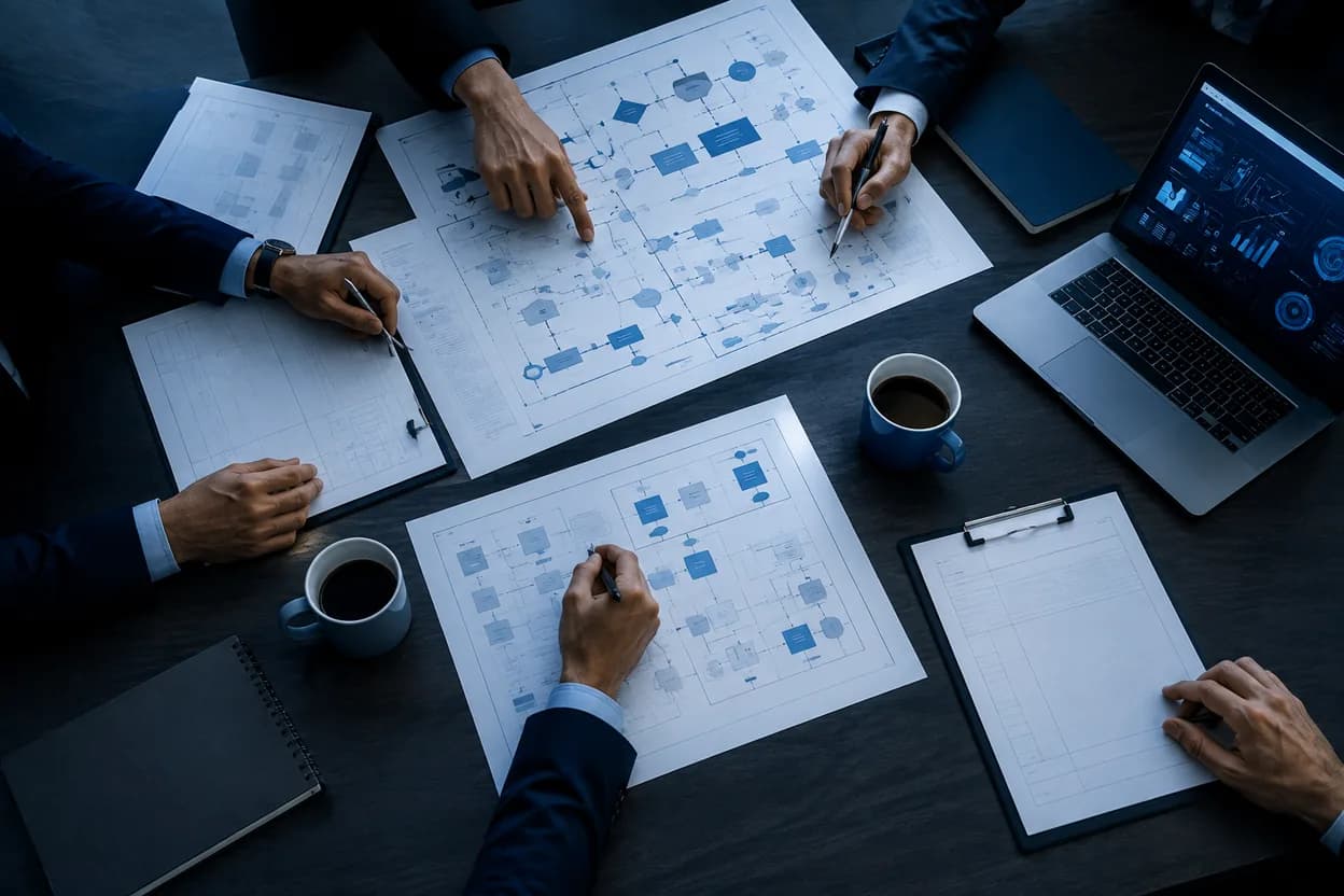 Workshop table with process diagrams during a working session