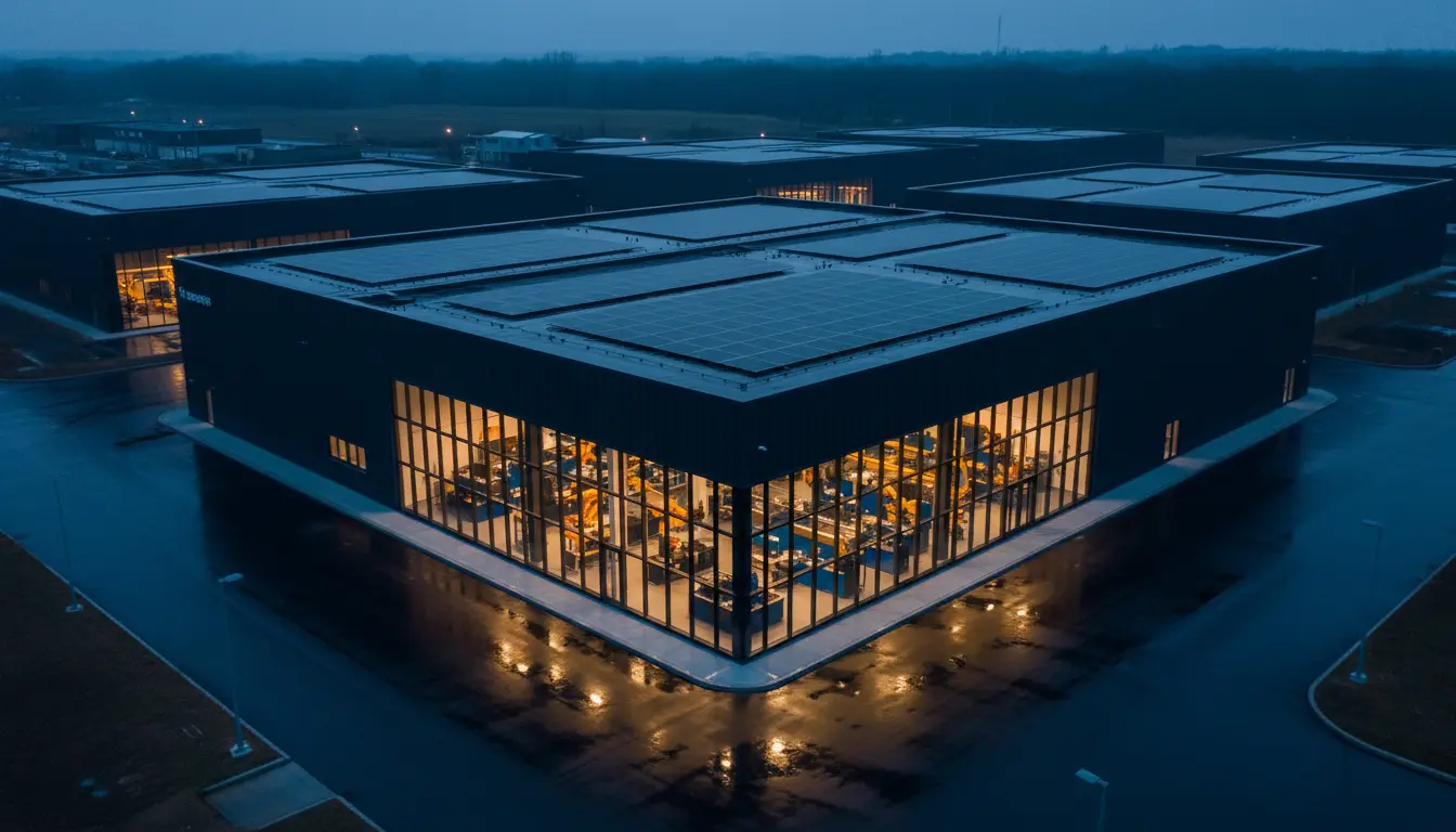 Aerial dusk view of a modern manufacturing campus with a glowing production hall