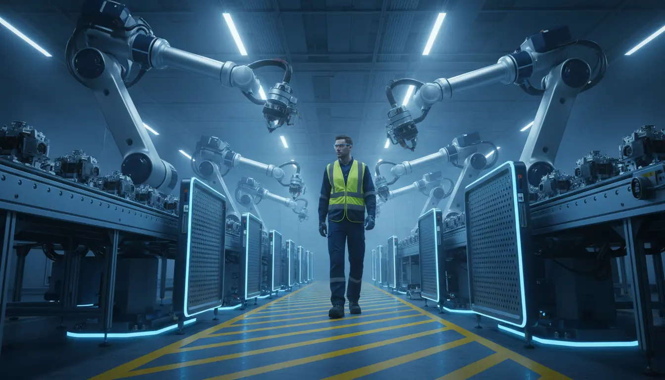 Operator on a marked walkway beside guarded robotic machinery