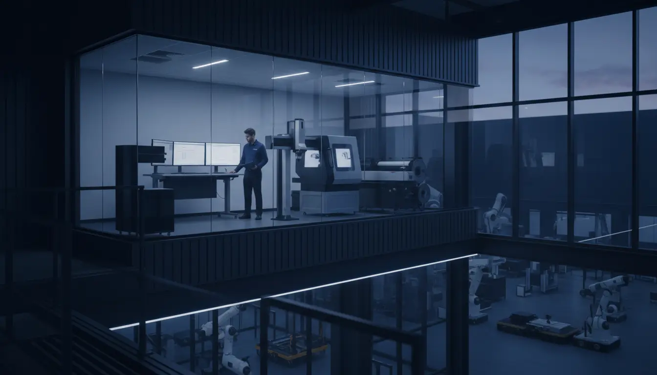 Glass-walled quality office on a mezzanine overlooking the production hall