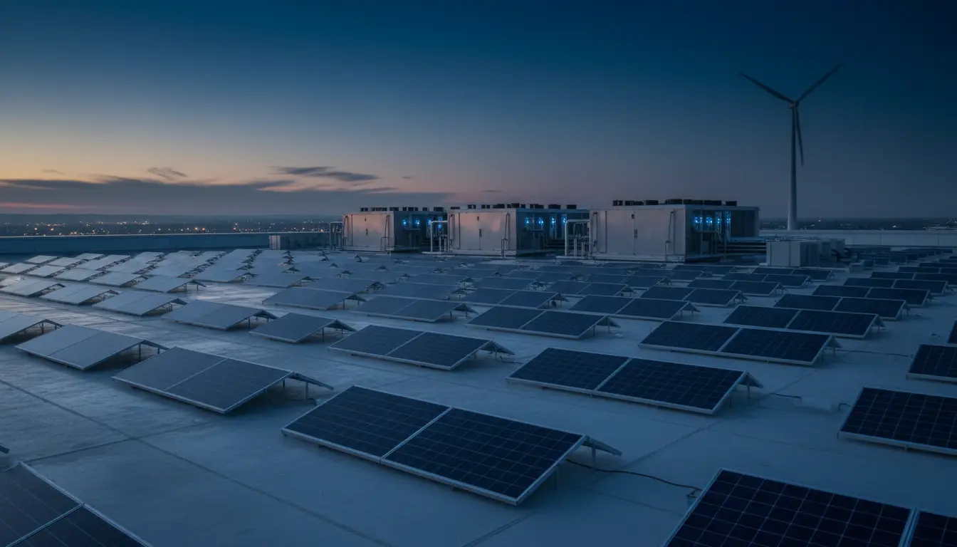 Rooftop solar array and energy plant on the factory at dusk
